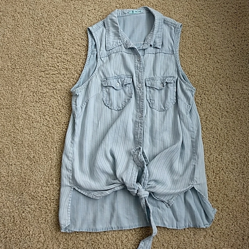 Striped Button-Up Tie Sleeveless Blouse